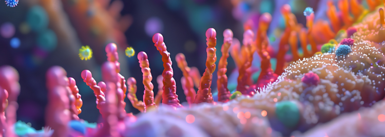 Blog of What to Know About Gut Microbiome Testing: 7 Things to Expect (And What to Do Next) which have image A colorful and detailed 3D rendering depicts the gut microbiome with vibrant, finger-like structures representing intestinal villi.