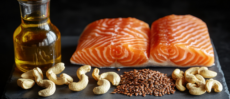 Blog of Flaxseed vs. Fish Oil: Which Choice is Right for You? which have image A selection of omega-3-rich foods, including fresh salmon fillets, flaxseeds, cashews, and a bottle of oil, arranged on a dark surface.